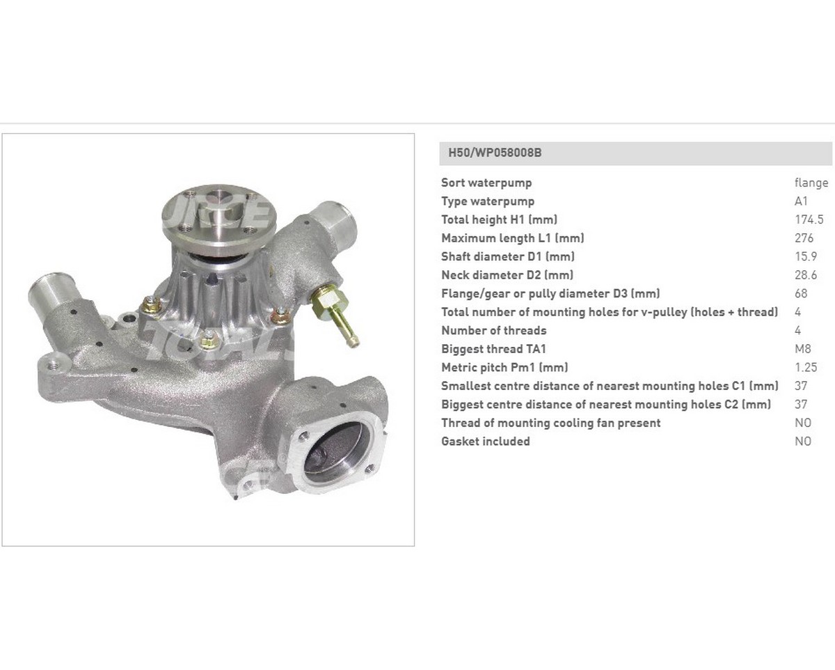 Насос (дв.5k) водяний (тип "b") у зборі (h=174.5; l=276) з Р/к d=68 Без прокладки (Toyota, Komatsu) h50/ wp058008b